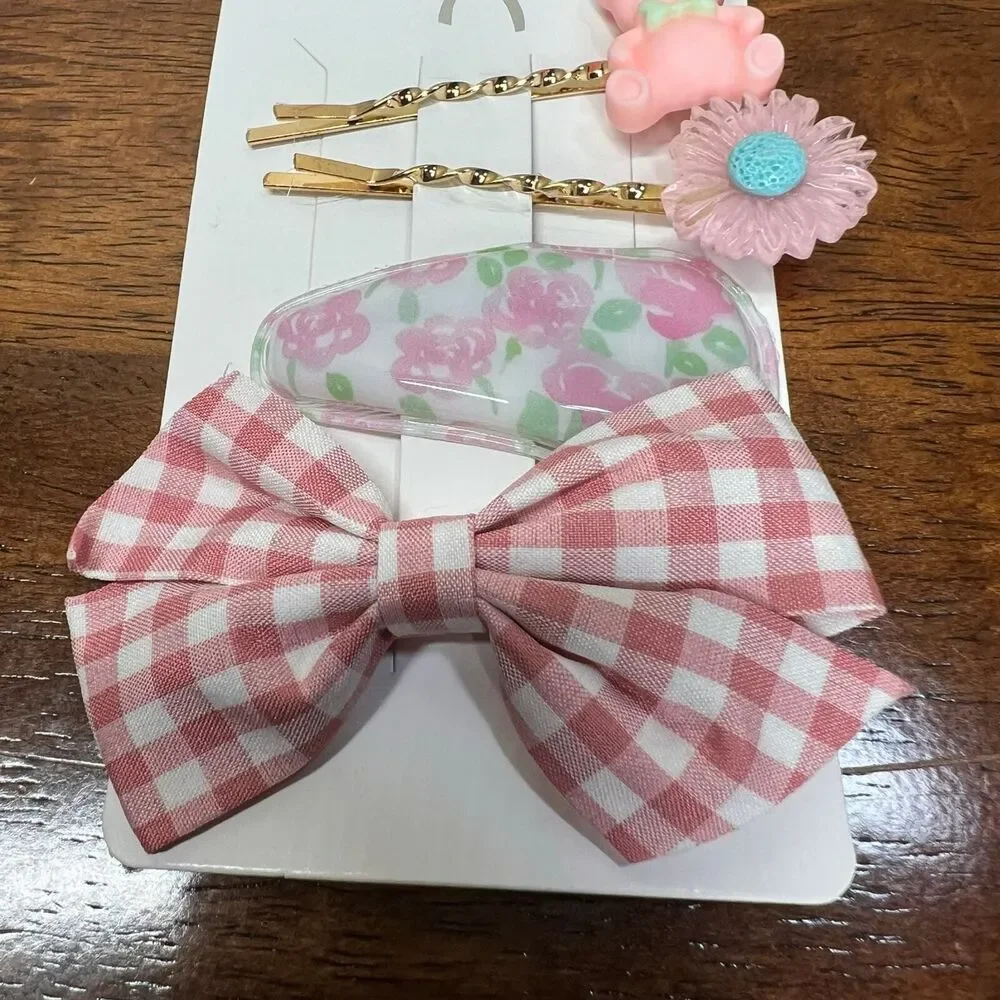 Hair pins fashion bear flower ribbon hair pin 4PC set Pink anime LA Comic Con